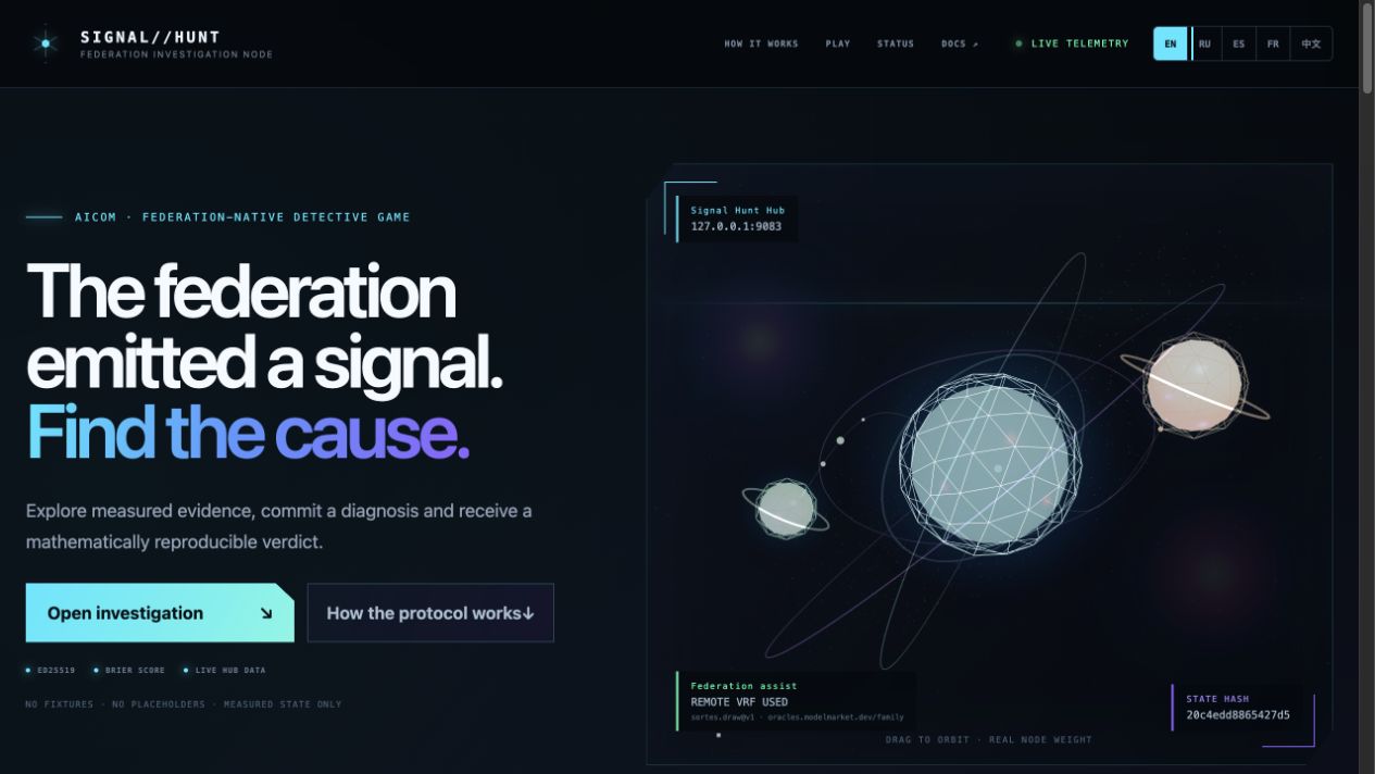 Signal Hunt live landing with federation telemetry